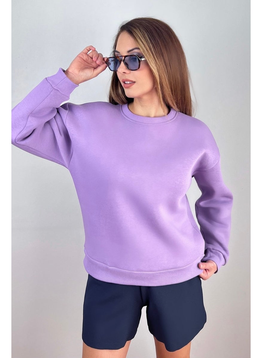 Women's Cozy Purple Basic Crew Neck Cotton Thick Knitted Sweatshirt with Fleece Inside