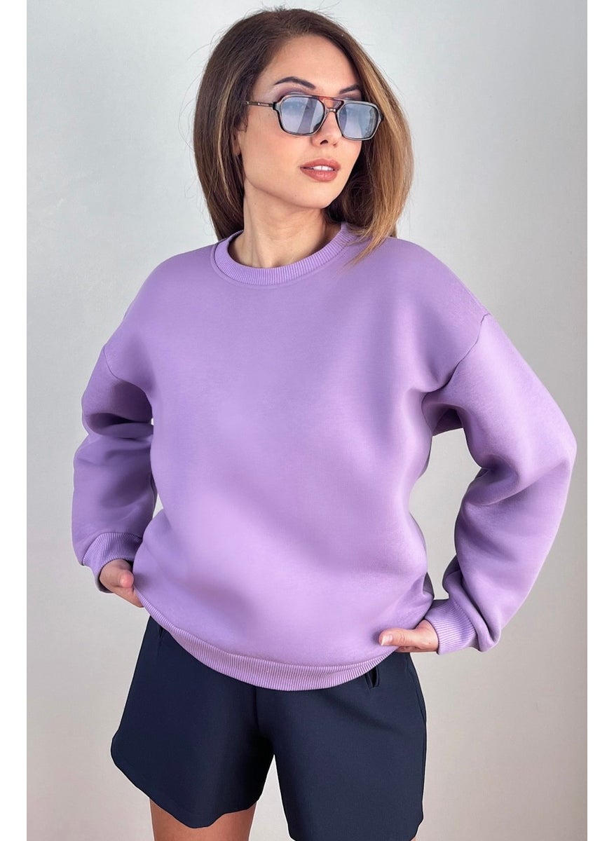 Women's Cozy Purple Basic Crew Neck Cotton Thick Knitted Sweatshirt with Fleece Inside