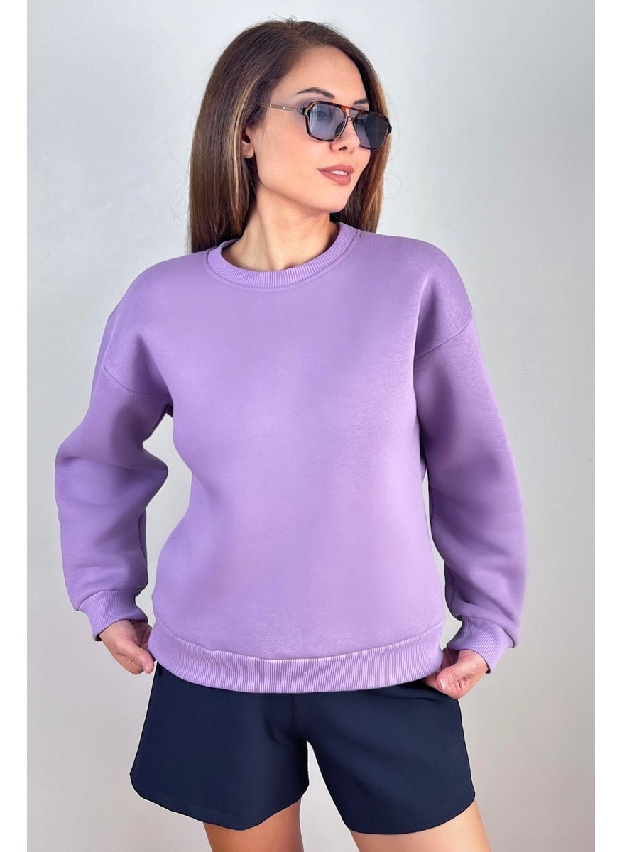 Women's Cozy Purple Basic Crew Neck Cotton Thick Knitted Sweatshirt with Fleece Inside