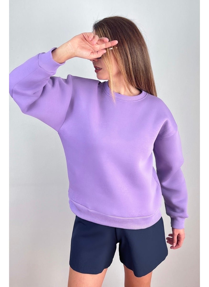 Women's Cozy Purple Basic Crew Neck Cotton Thick Knitted Sweatshirt with Fleece Inside