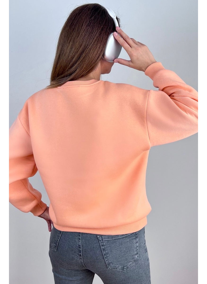 Women's Cozy Salmon Basic Crew Neck Cotton Thick Knitted Sweatshirt with Fleece Inside