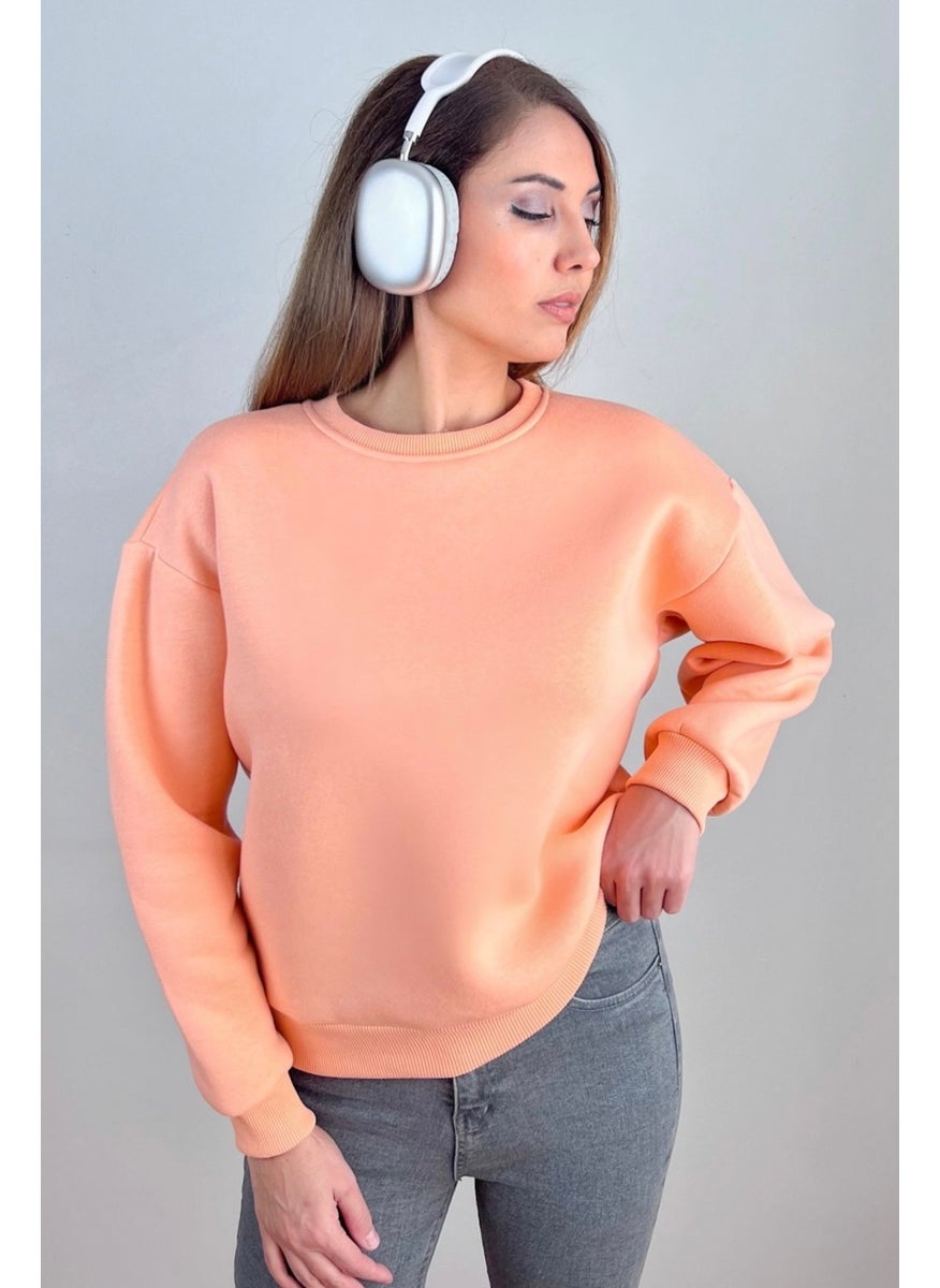 Women's Cozy Salmon Basic Crew Neck Cotton Thick Knitted Sweatshirt with Fleece Inside