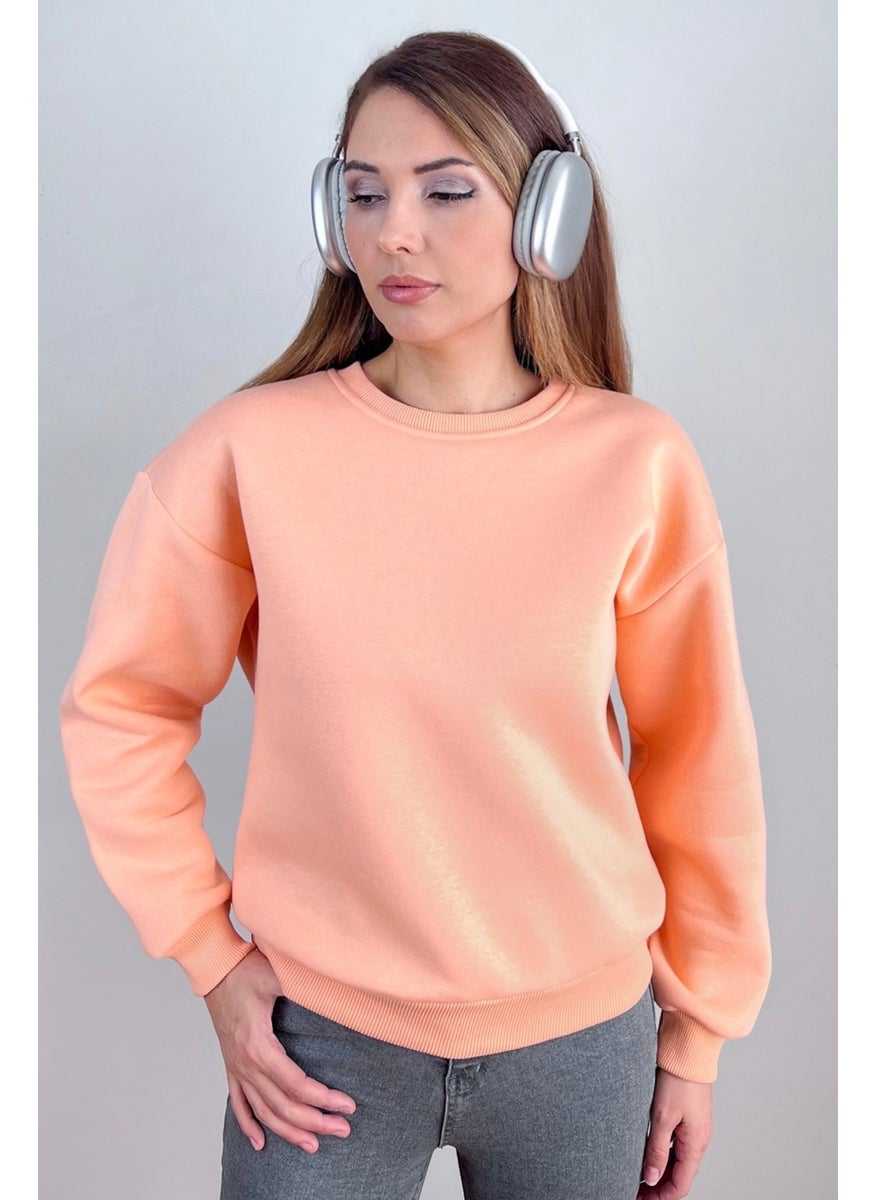 Women's Cozy Salmon Basic Crew Neck Cotton Thick Knitted Sweatshirt with Fleece Inside