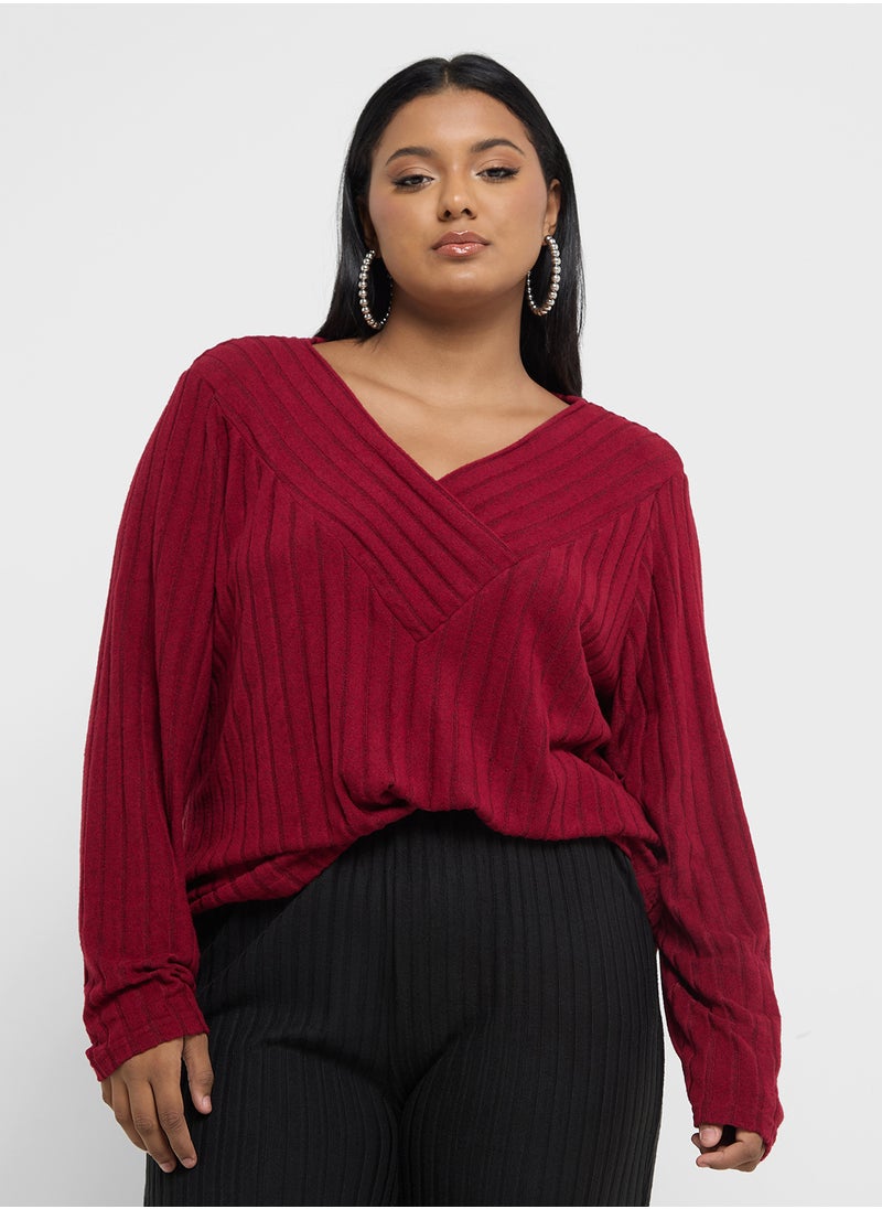 Ribbed Knitted V Neck Sweater