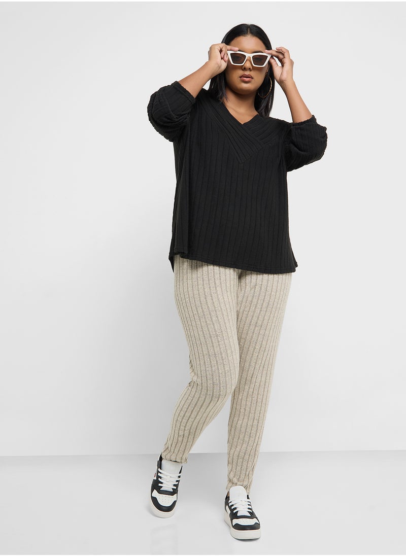 Ribbed Knitted V Neck Sweater