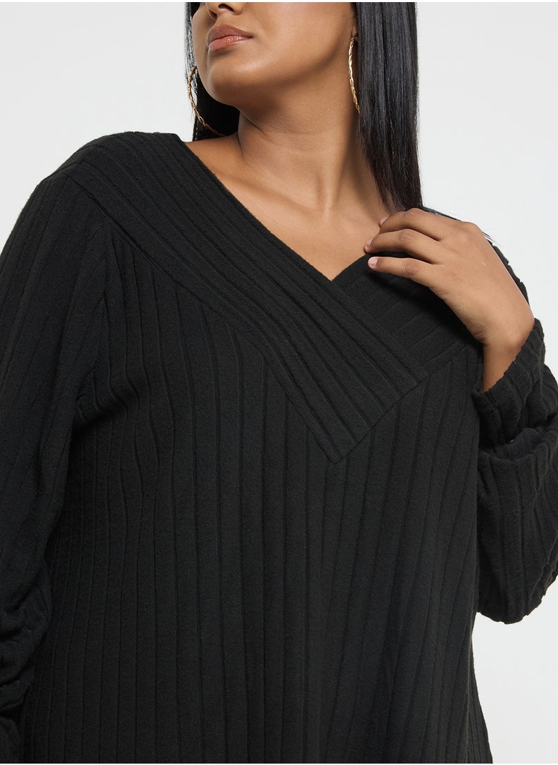 Ribbed Knitted V Neck Sweater