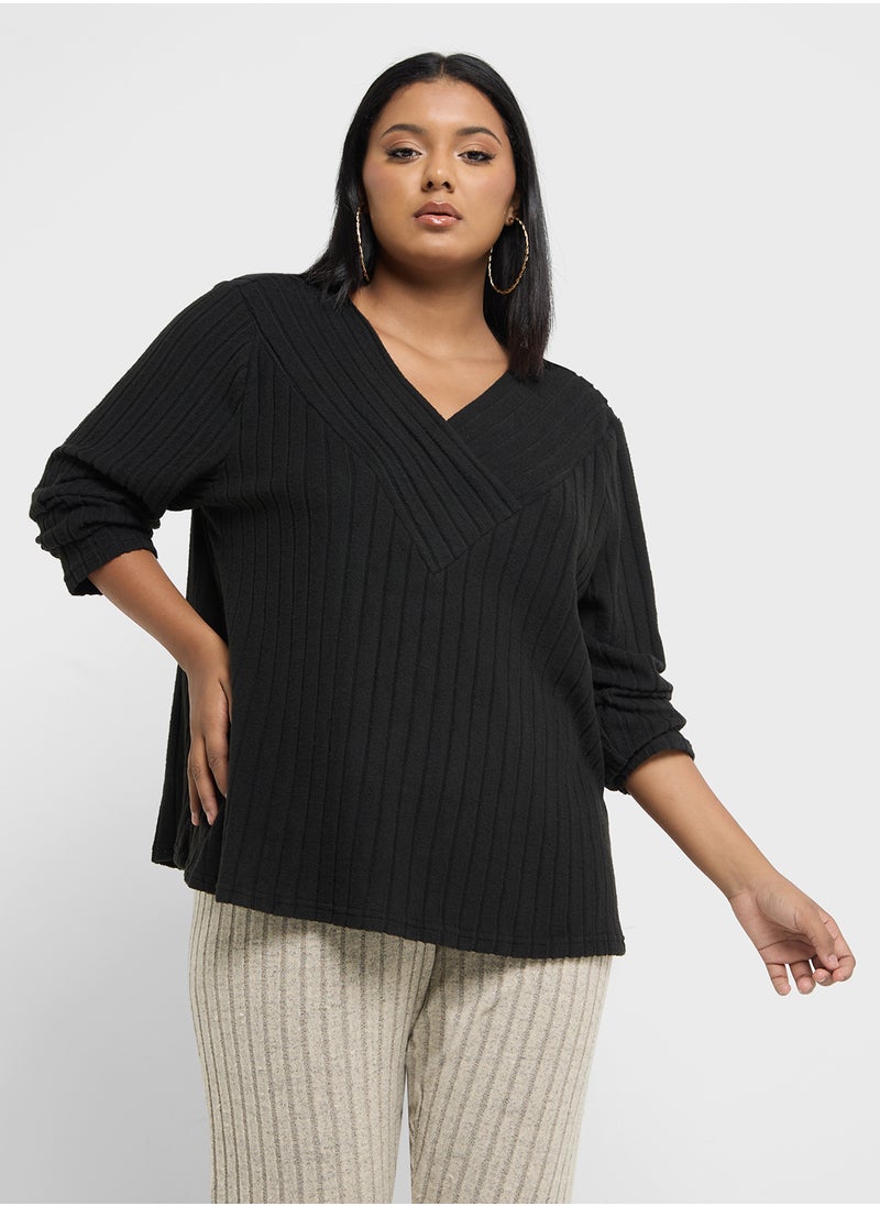 Ribbed Knitted V Neck Sweater