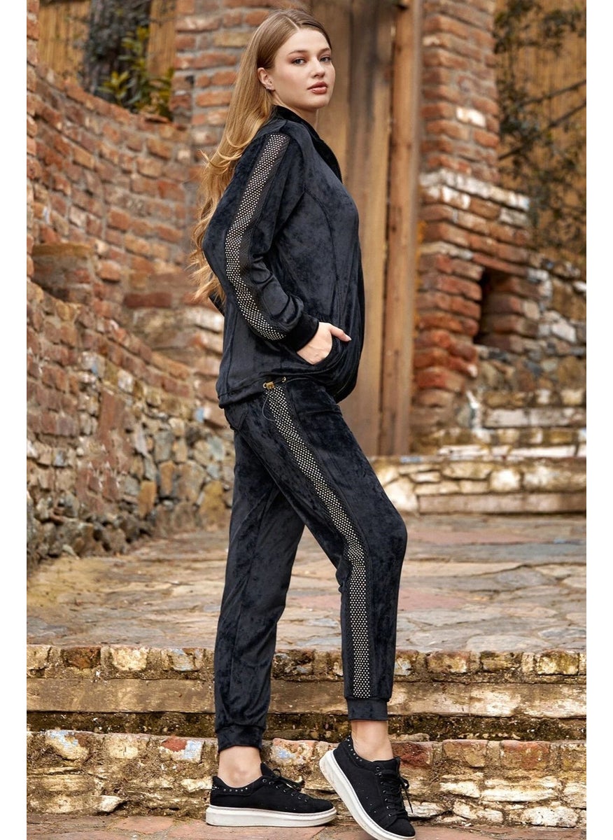 24335 Women's Long Sleeve Stand Collar Velvet Tracksuit - Black