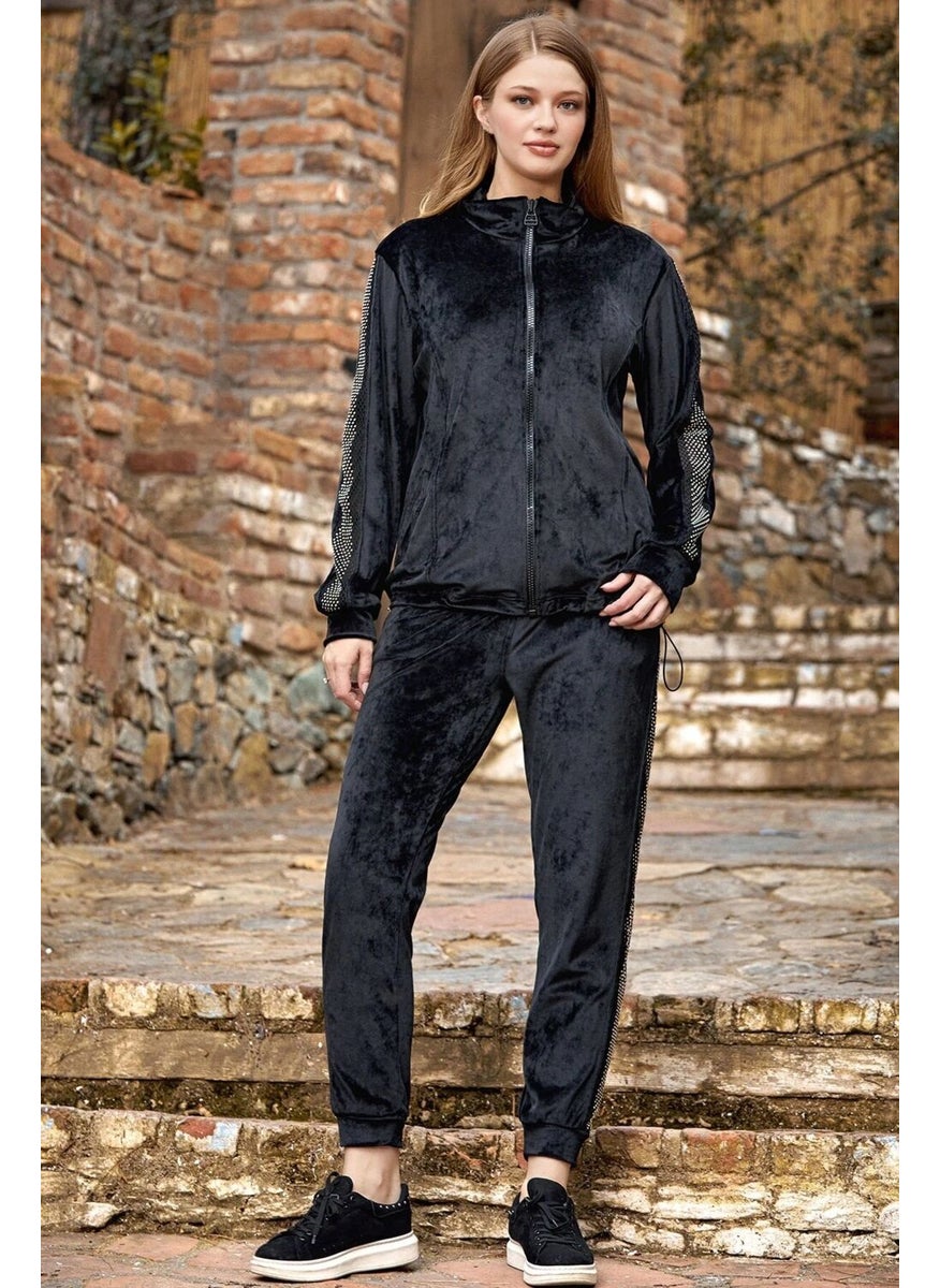 24335 Women's Long Sleeve Stand Collar Velvet Tracksuit - Black