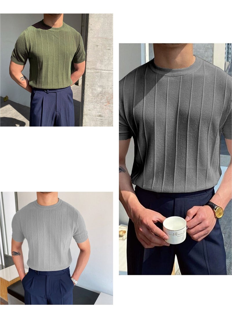 Cool Style Smoke-Khaki-Grey 3-Piece Men's Round Neck Knitted T-Shirt