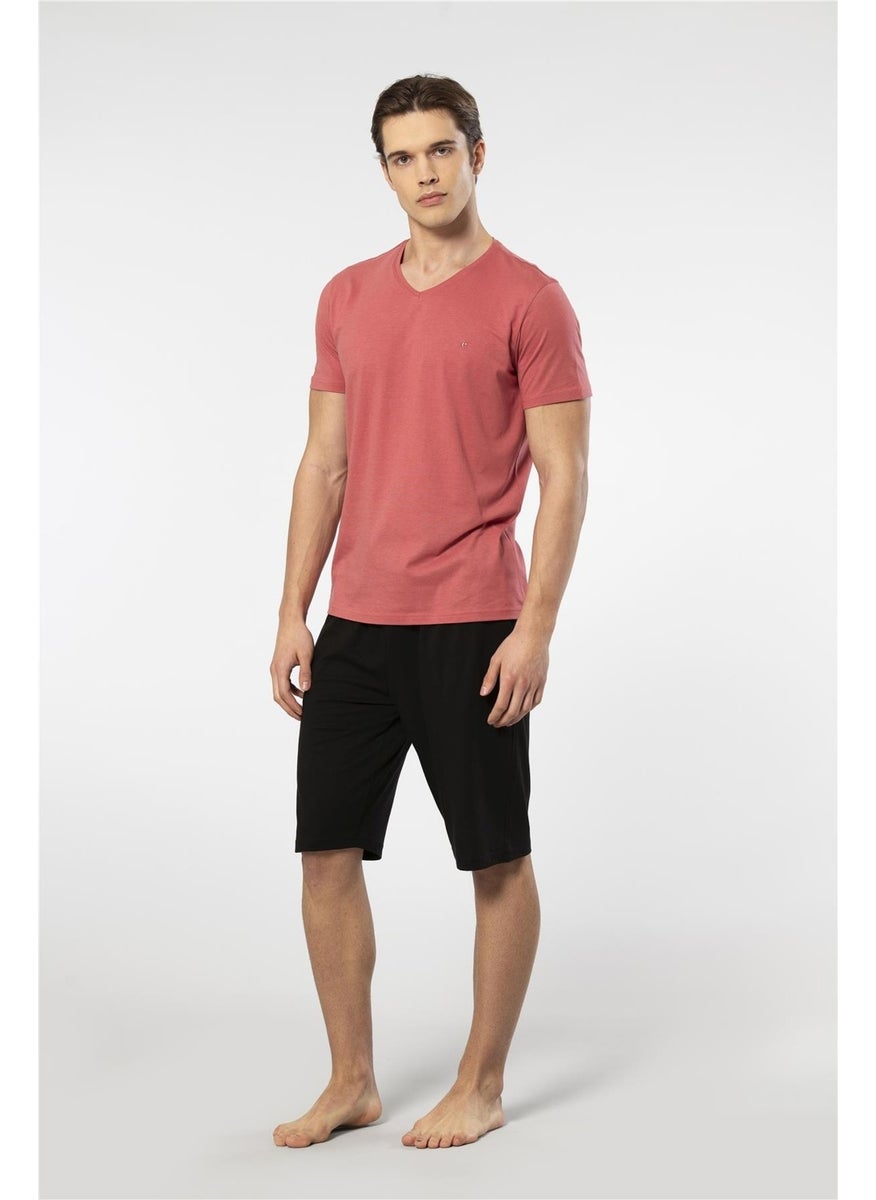 2193 Men's Short Sleeve V-Neck Pajama Set with Shorts-Mercan