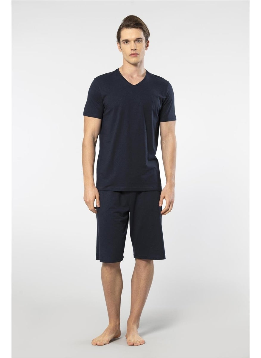 2193 Men's Short Sleeve V-Neck Pajama Set with Shorts-Navy Blue