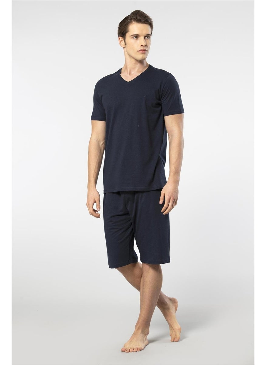 2193 Men's Short Sleeve V-Neck Pajama Set with Shorts-Navy Blue