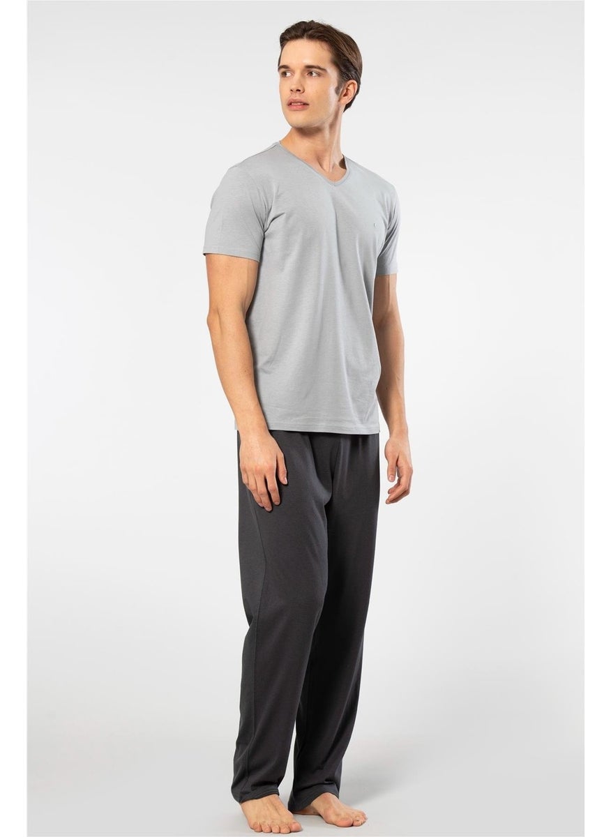 2192 Men's Short Sleeve V-Neck Pajama Set-Grey