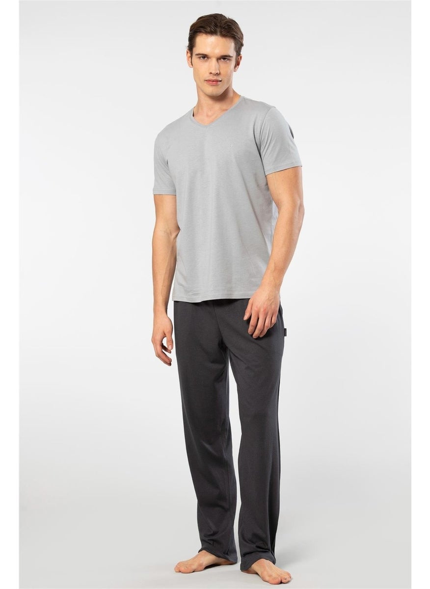 2192 Men's Short Sleeve V-Neck Pajama Set-Grey