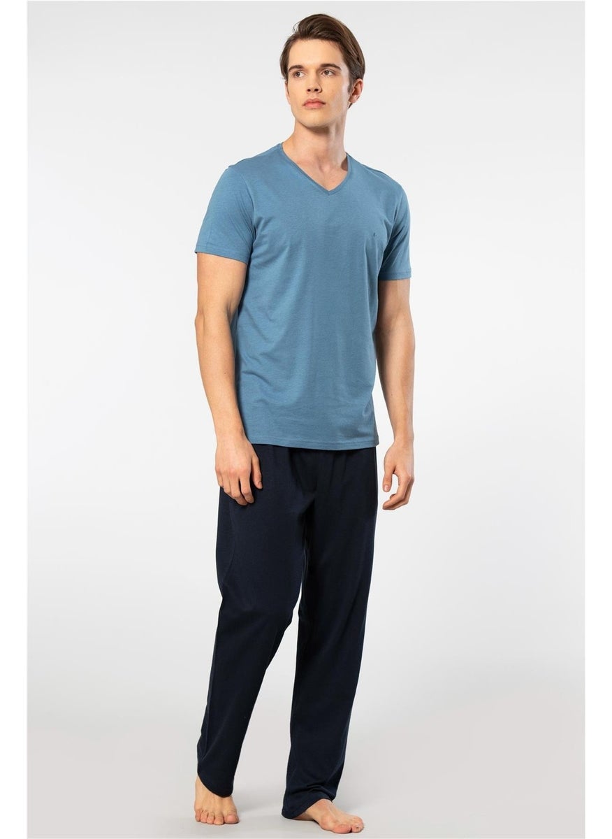 2192 Men's Short Sleeve V-Neck Pajama Set-Indigo