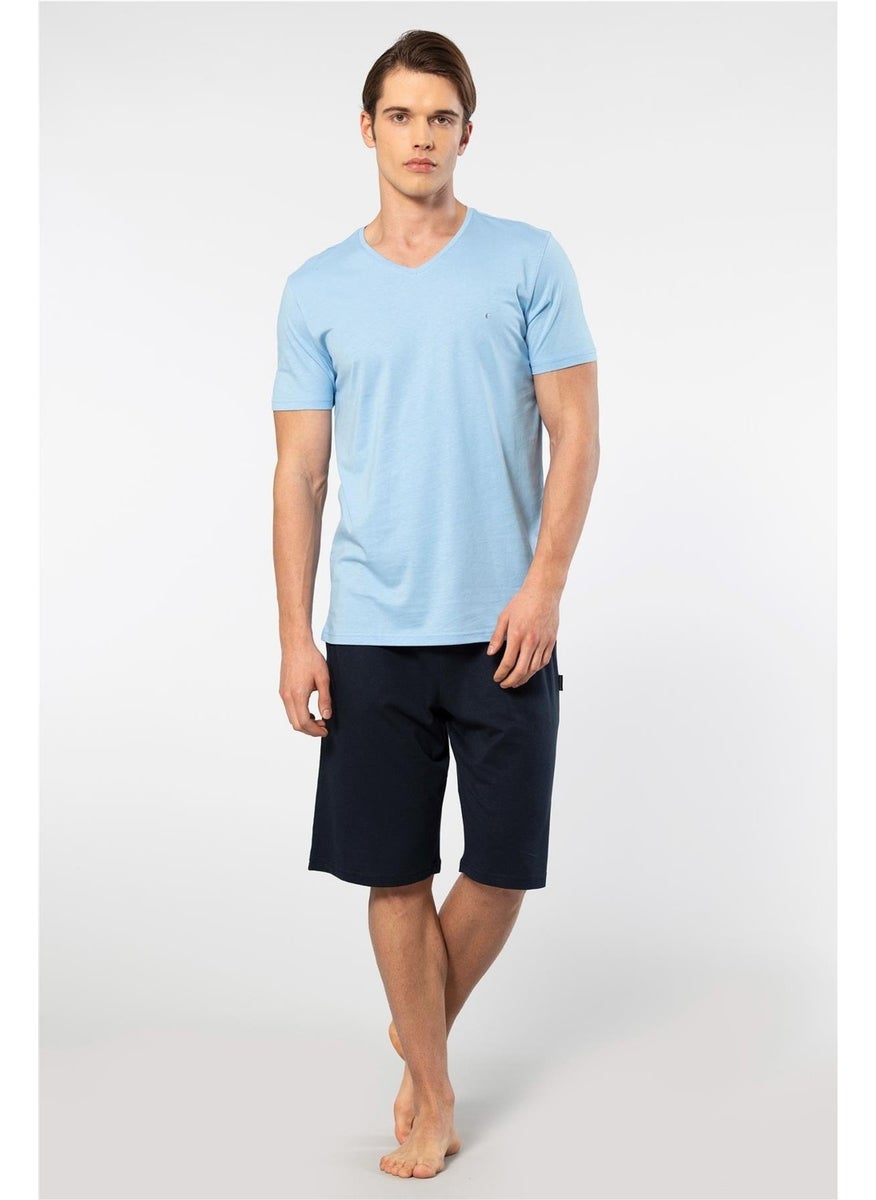 2193 Men's Short Sleeve V-Neck Pajama Set with Shorts-Blue