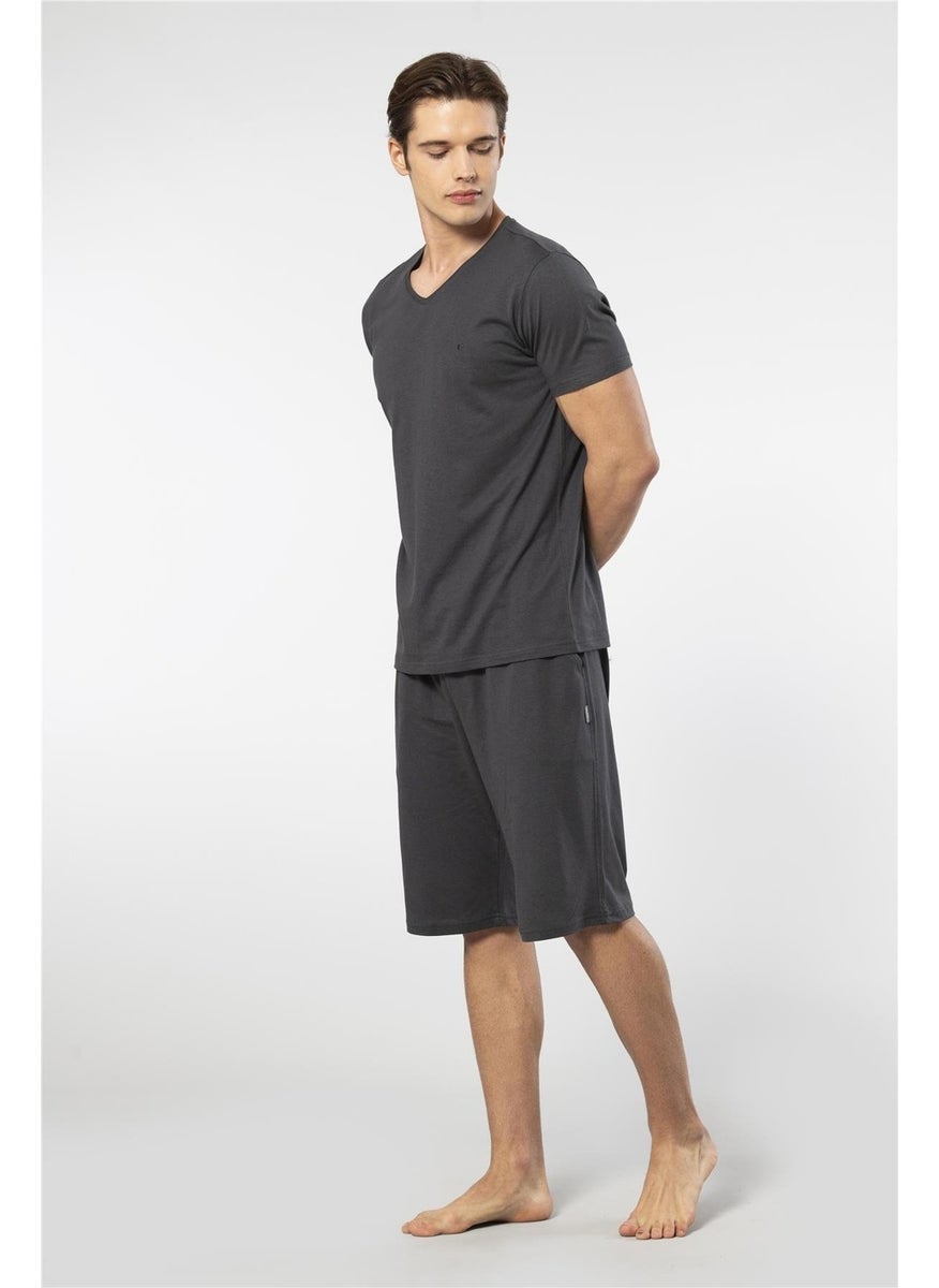 2193 Men's Short Sleeve V-Neck Pajama Set with Shorts-Anthracite