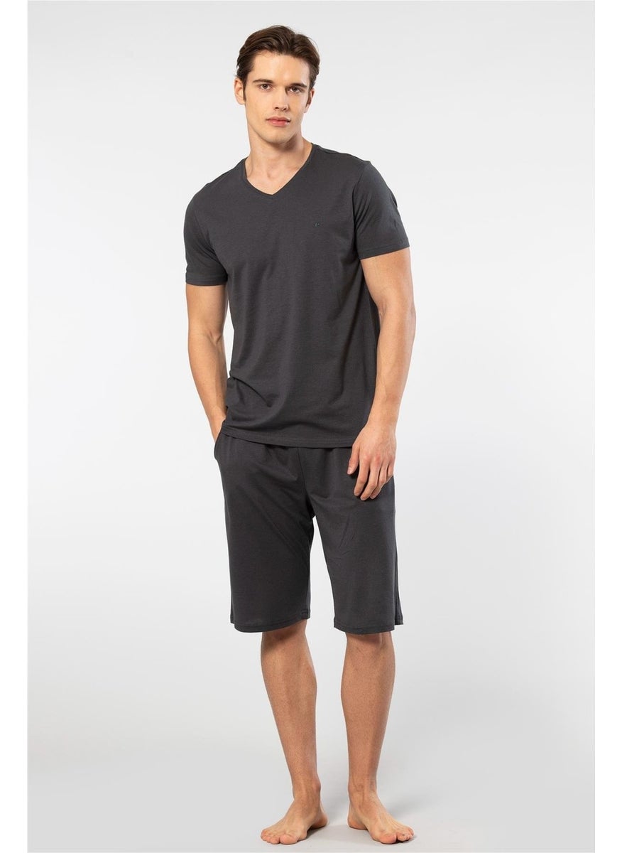 2193 Men's Short Sleeve V-Neck Pajama Set with Shorts-Anthracite