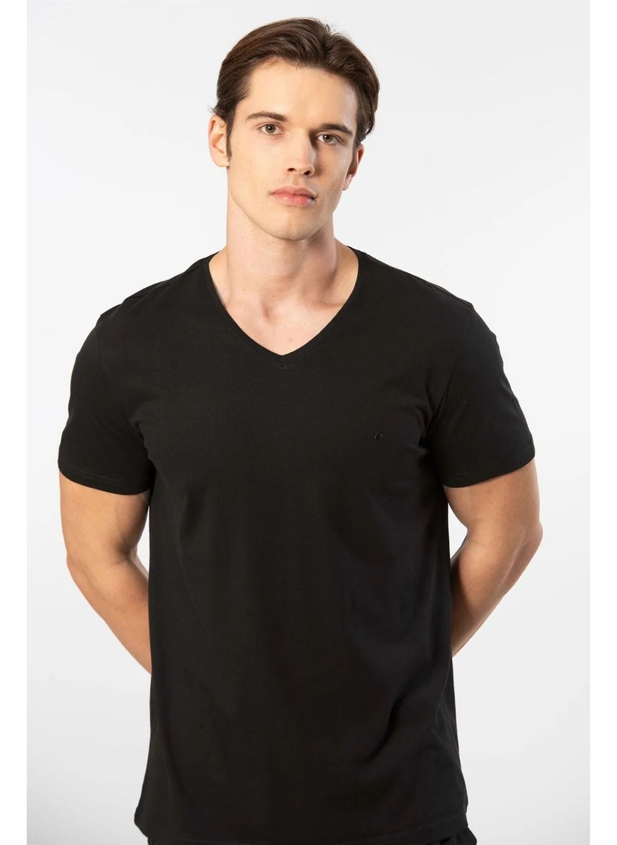 2192 Men's Short Sleeve V-Neck Pajama Set-Black