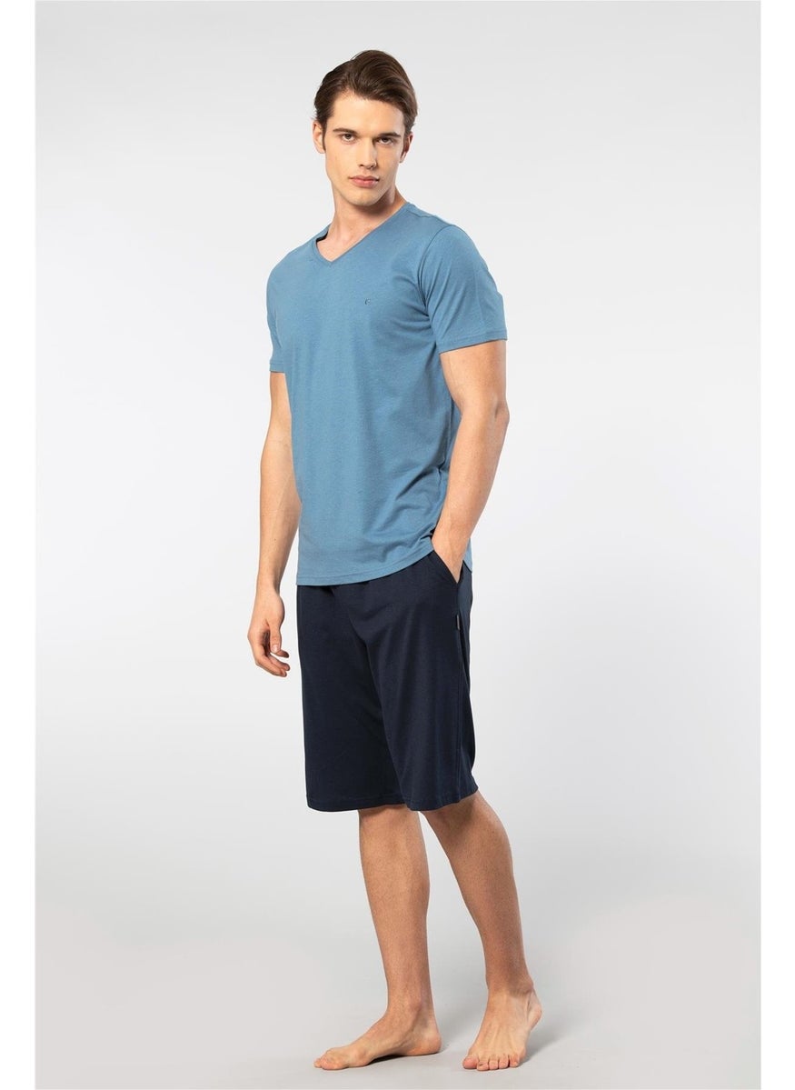 2193 Men's Short Sleeve V-Neck Pajama Set with Shorts-Indigo