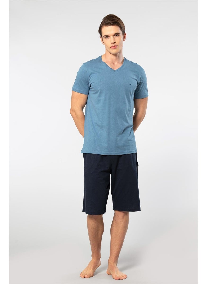 2193 Men's Short Sleeve V-Neck Pajama Set with Shorts-Indigo