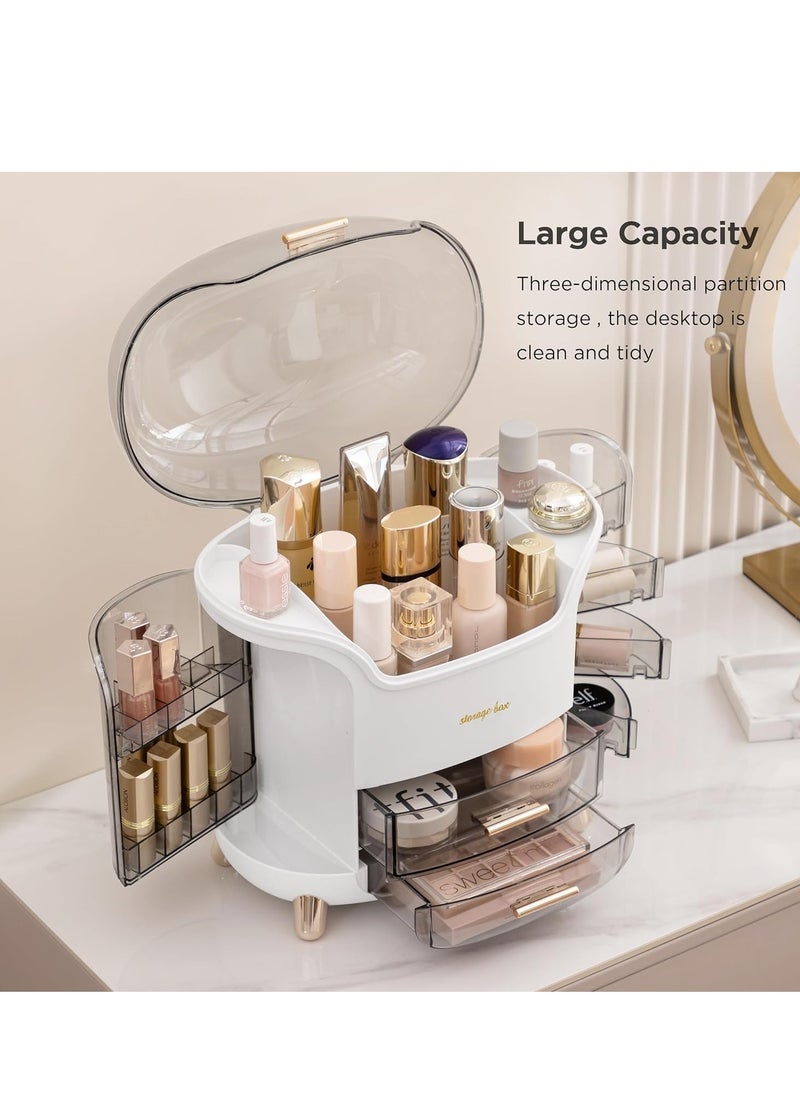 Makeup Storage Organizer, Large Skincare Organizers Cosmetic Display Case with Lid,Lipstick Organizer and Transparent Cover, Makeup Box for Bedroom Vanity Desk Countertop Bathroom -White