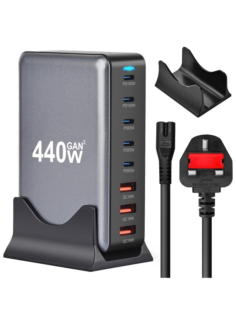 Necomi 440W USB A&USB C charging station,5 Type-C Ports 【2×100W, 3x 65W】 and 3 USB Ports 【QC18W】 charge charging station C-type hub,GaN Technology,Fast Charge Wall Plug with 1.5m Power Cord Black