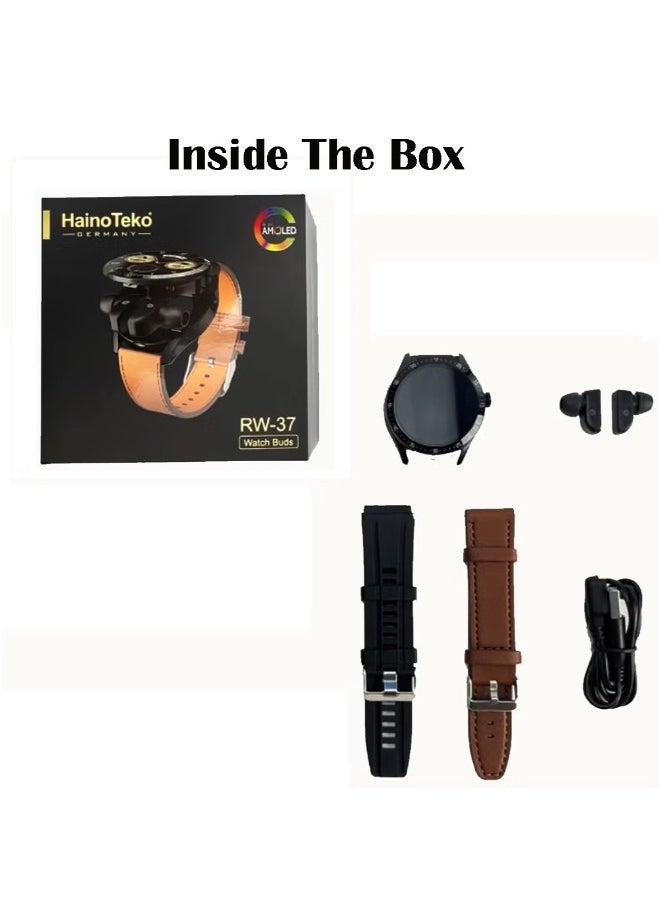 Haino Teko Germany RW37 Watch Buds Large Screen Round Shape AMOLED Display Smart Watch and Bluetooth Earbuds With 2 Pair Straps for Ladies and Gents