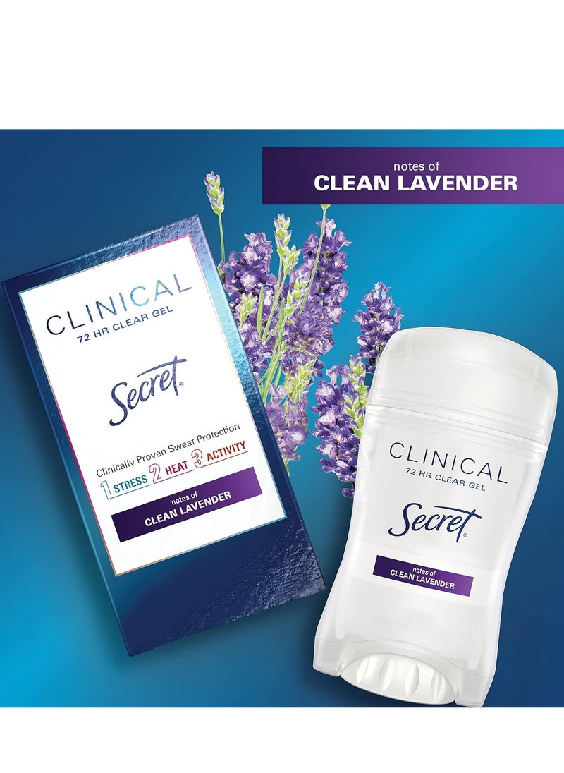 Secret Deodorant and Antiperspirant Clinical Strength for Women, 3X Stress Sweat Protection, PH Balancing Minerals, Clear Gel, Clean Lavender Scent, 2.6 oz