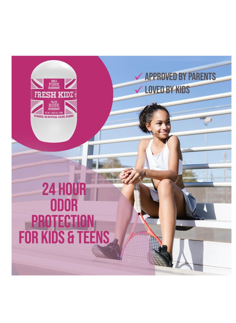 Fresh Kidz Pink Girls Roll On Deodorant - 1.86 fl oz Baking Soda and Aluminum Free 24 Hour Protection for Sensitive Skin