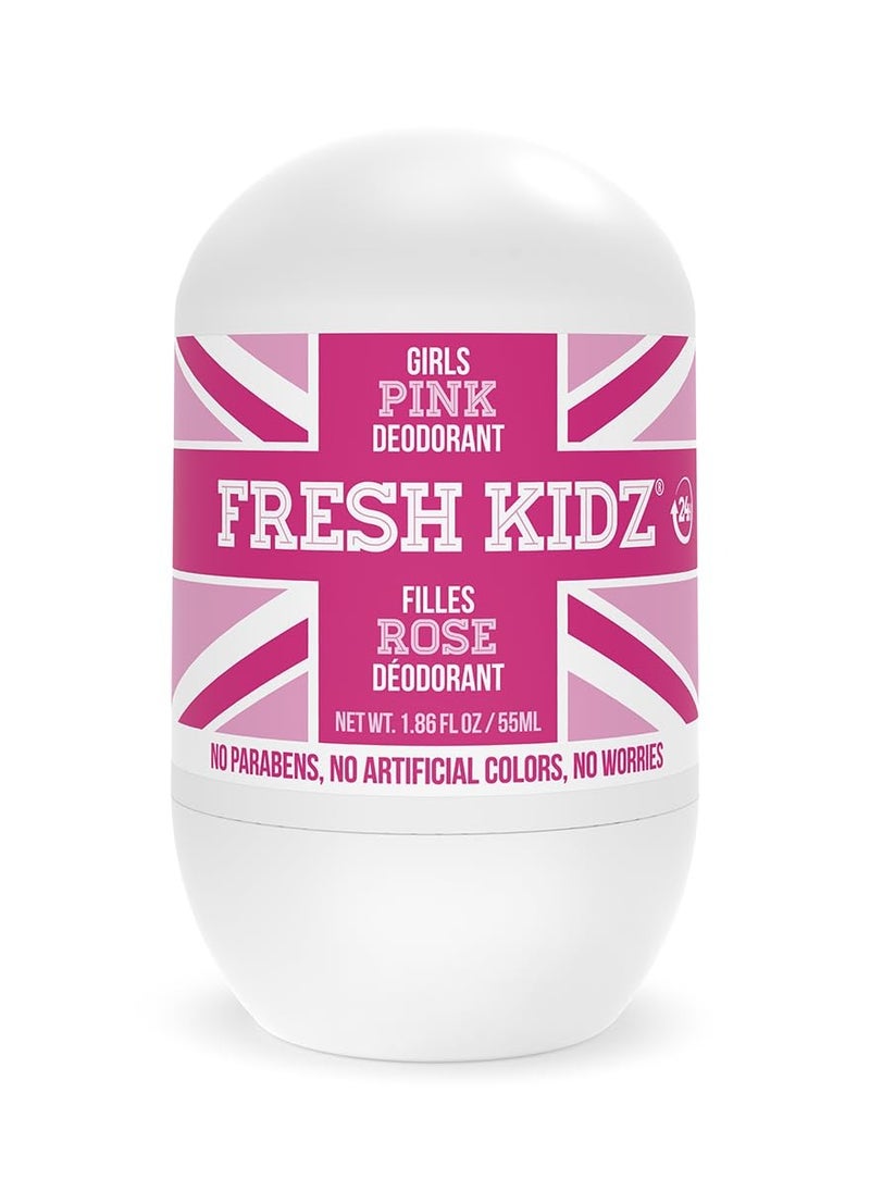 Fresh Kidz Pink Girls Roll On Deodorant - 1.86 fl oz Baking Soda and Aluminum Free 24 Hour Protection for Sensitive Skin