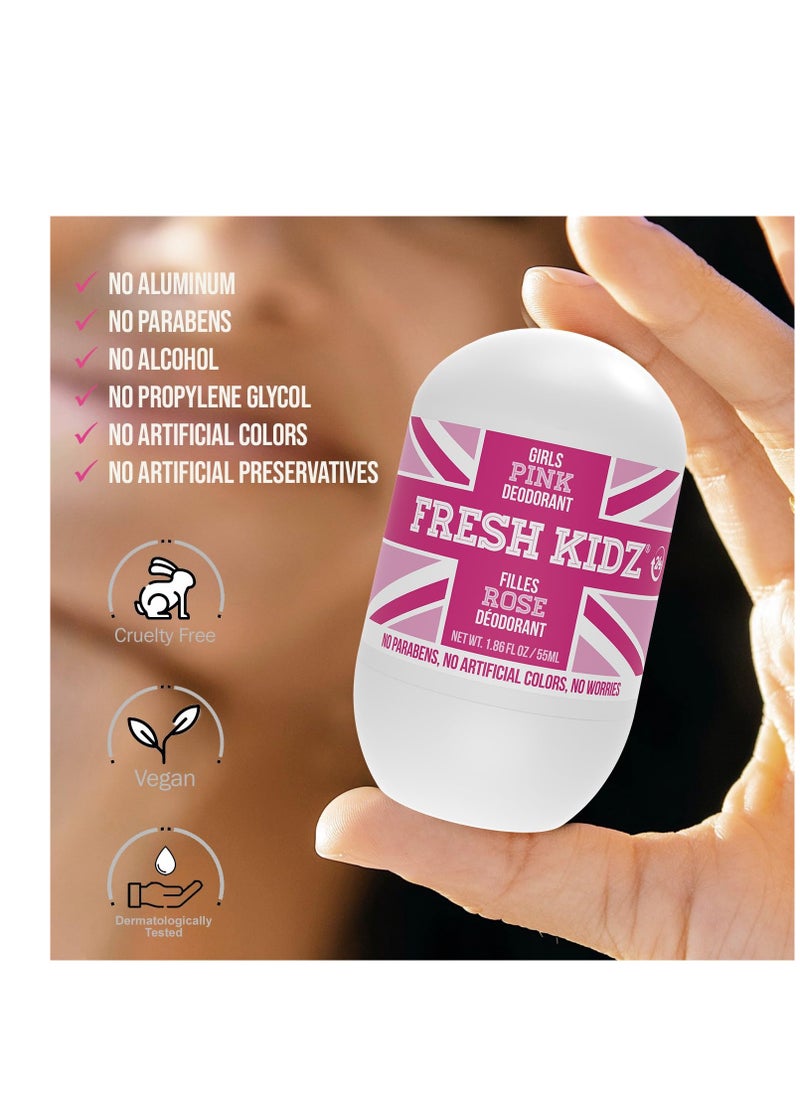 Fresh Kidz Pink Girls Roll On Deodorant - 1.86 fl oz Baking Soda and Aluminum Free 24 Hour Protection for Sensitive Skin