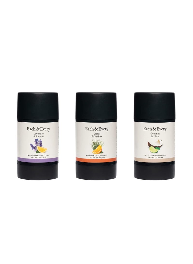 Each & Every All Natural Deodorant - Travel Size Aluminum Free Deodorant for Women & Men - The Best Sellers Multipack - Lavender & Lemon, Citrus & Vetiver, Coconut & Lime (3 Pack, 2.5 Oz Each)