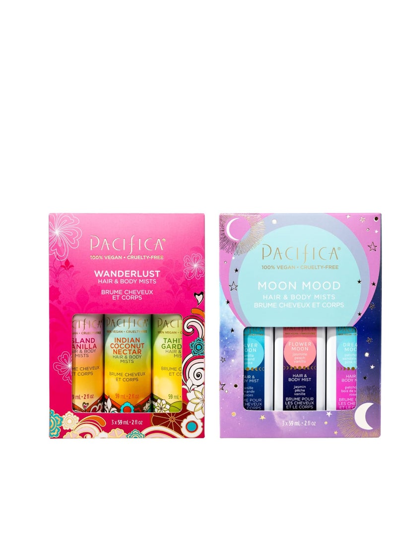 Pacifica Beauty | Clean Hair Perfume + Body Spray Sampler Set | Discovery Kit | Island Vanilla, Dream Moon Fragrance | Travel Size Mini | 6 scents | Vegan & Cruelty Free