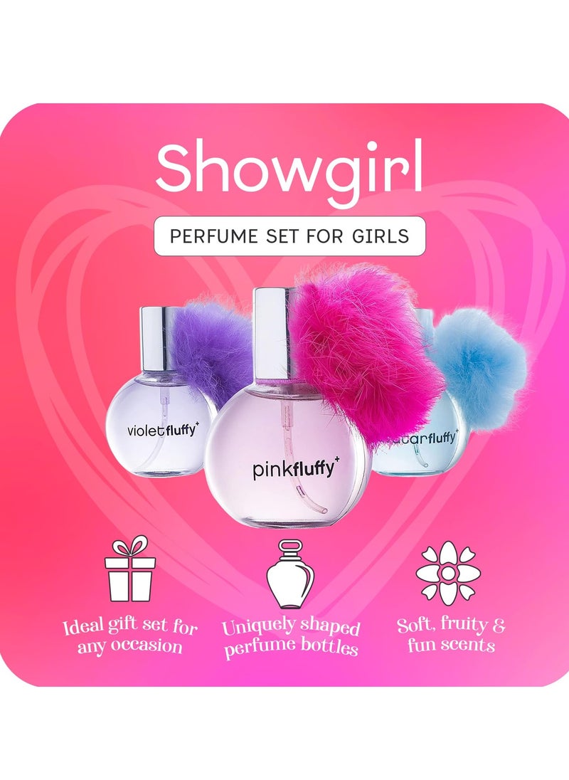 Showgirl Perfume Set for Teen Girls, Kids Body Spray for Girls 10-12 & Teens, Body Mist for Teenage Girl, Fashion Collection 3 Perfumes with Puff Balls