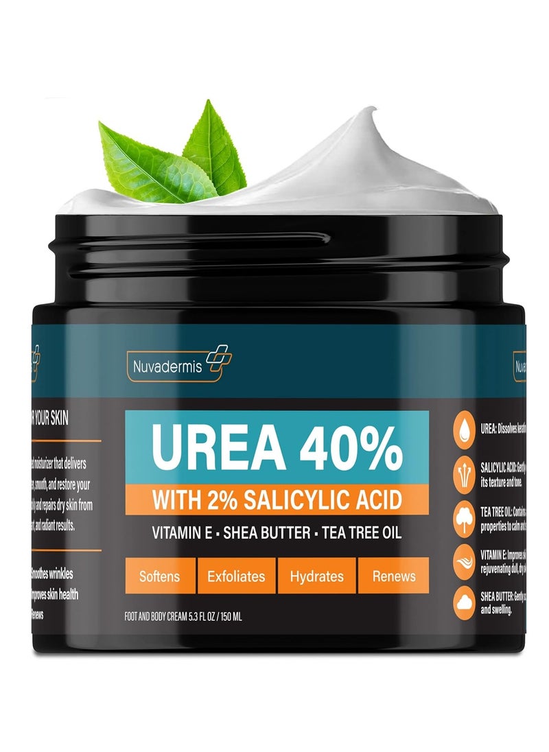 NUVADERMIS Urea Cream 40 Percent for Feet - 40% Urea Foot Repair Lotion - Maximum Strength For Dry Cracked Heels - 2% Salicylic Acid, Shea Butter, Tea Tree Oil, Vitamin E - 5.29 oz Jar