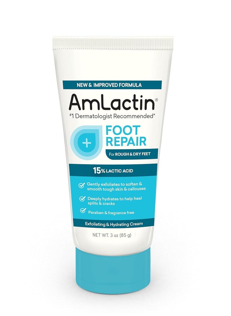 AmLactin Foot Repair Cream - 3 oz Foot Cream for Dry Cracked Heels with 15% Lactic Acid - Exfoliator and Moisturizer for Dry Skin & Foot Care (Packaging May Vary)