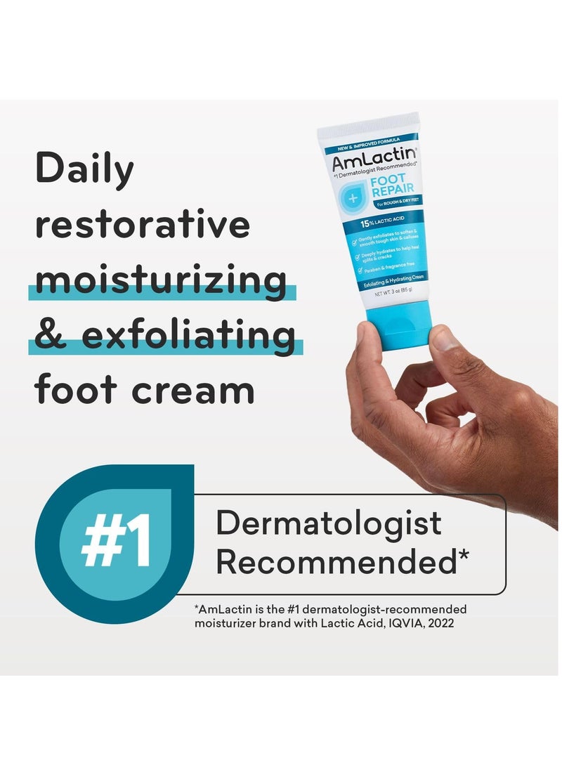 AmLactin Foot Repair Cream - 3 oz Foot Cream for Dry Cracked Heels with 15% Lactic Acid - Exfoliator and Moisturizer for Dry Skin & Foot Care (Packaging May Vary)