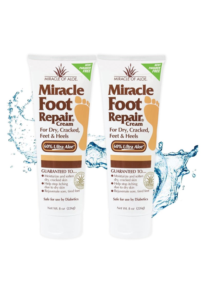 Miracle Foot Repair Cream (8 oz / 2-Pack) Repairs Dry Cracked Heels and Feet, 60% Pure UltraAloe Moisturizes, Softens, and Repairs