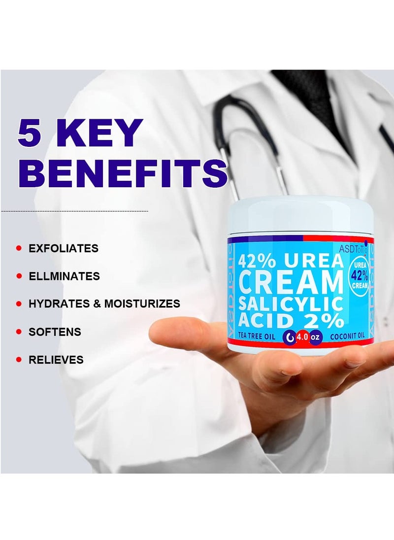 Urea Cream 42% - Premium Urea Foot Cream - With 2% Salicylic Acid, Tea Tree Oil, Shea Butter, Aloe Vera - For Feet, Hands, Heels, Elbows, Knees and More - 4 oz