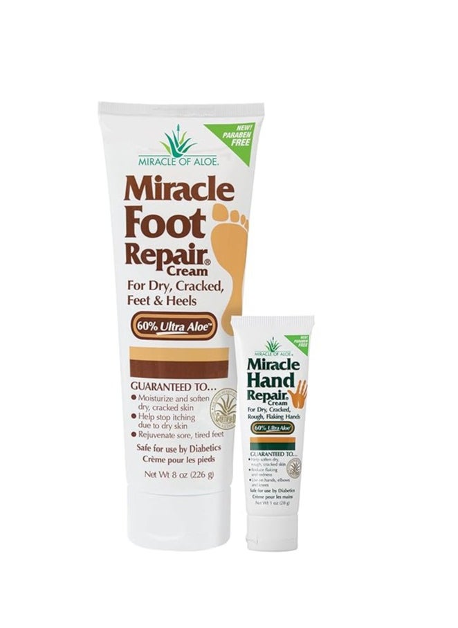 Miracle Foot Repair Cream, 8 oz + 1 oz Miracle Hand Repair, Healing Aloe Vera Lotions for Dry, Cracked Hands and Feet, Diabetic-Safe, Moisturizes, Softens, and Repairs