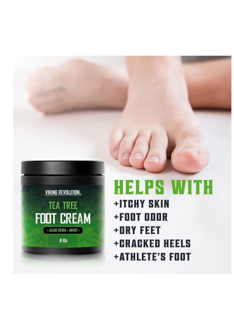 Viking Revolution Tea Tree Foot Cream for Dry Cracked Heels - Foot Balm For Cracked Feet - Dry Feet Repairing Cream with Aloe Vera and Mint (8oz)