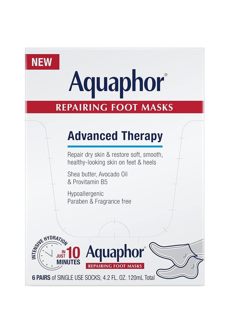 Aquaphor Repairing Foot Masks, Moisturizing Socks for Dry Feet, Hydrating Foot Care Treatment with Avocado Oil and Shea Butter, Pack of 6