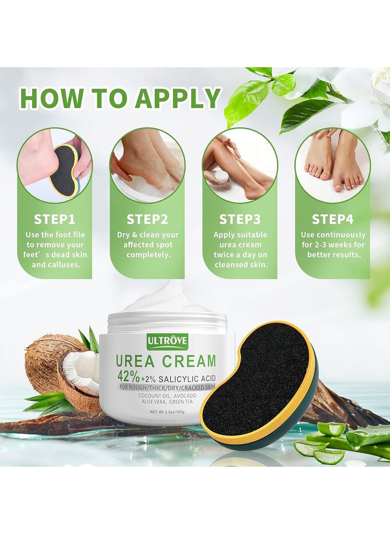 Urea Cream 42% - 2% Salicylic Acid Foot Moisturizer - Callus & Dead Skin Remover, Repairing Foot File, 3.5 oz