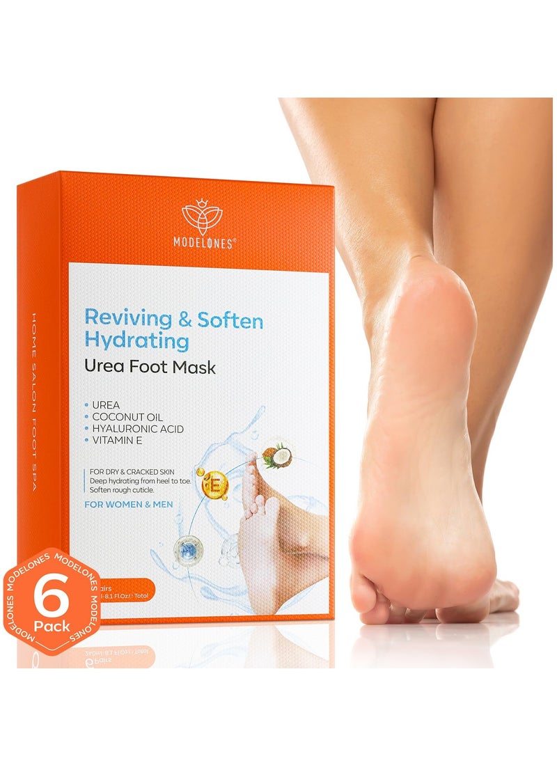 modelones 6 Pairs Hydrating Foot Mask for Dry Cracked Feet, Deep Moisturizing with Urea + Coconut Oil + Hyaluronic Acid+ Vitamin E, Foot Care for Women and Men, Soft Smooth Feet
