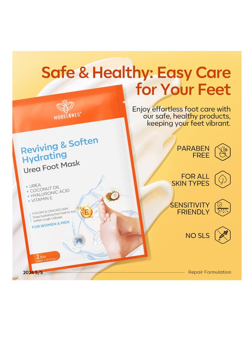 modelones 6 Pairs Hydrating Foot Mask for Dry Cracked Feet, Deep Moisturizing with Urea + Coconut Oil + Hyaluronic Acid+ Vitamin E, Foot Care for Women and Men, Soft Smooth Feet