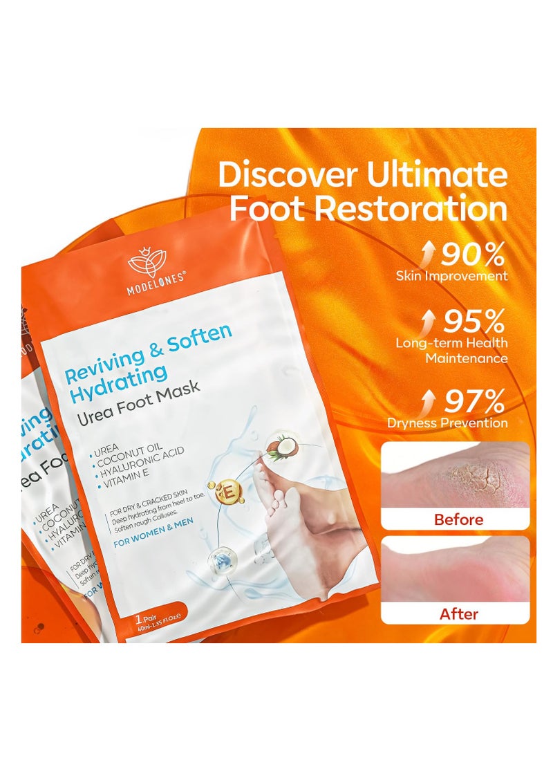 modelones 6 Pairs Hydrating Foot Mask for Dry Cracked Feet, Deep Moisturizing with Urea + Coconut Oil + Hyaluronic Acid+ Vitamin E, Foot Care for Women and Men, Soft Smooth Feet