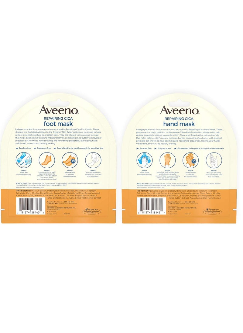 Aveeno Repairing CICA Foot Mask & Hand Mask with Prebiotic Oat and Shea Butter, for Extra Dry Skin, 1 ea