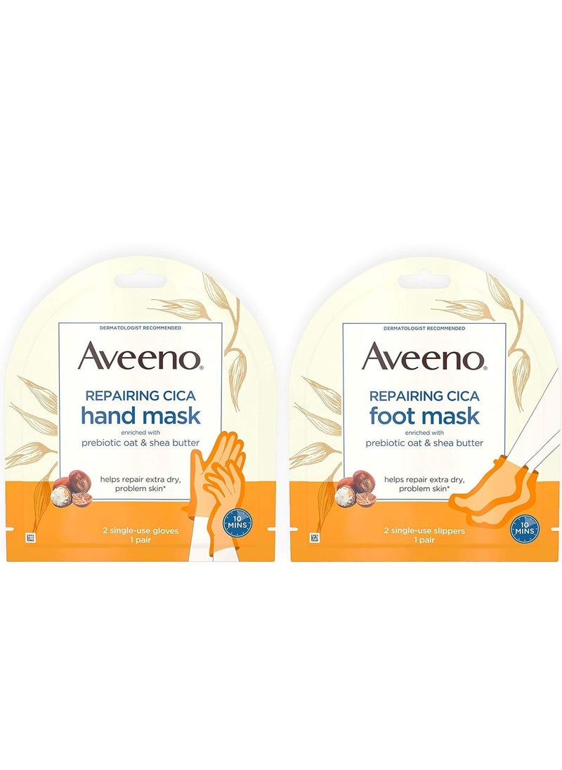 Aveeno Repairing CICA Foot Mask & Hand Mask with Prebiotic Oat and Shea Butter, for Extra Dry Skin, 1 ea